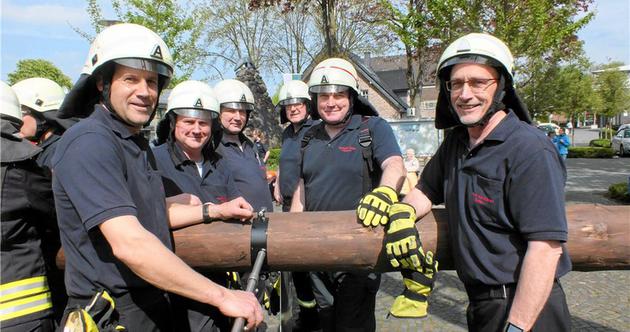 Alle zugleich: Dank der zupackenden Männer vom Löschzug Buldern kam der Maibaum unfallfrei in die Senkrechte (DZ-Foto: Michalak)